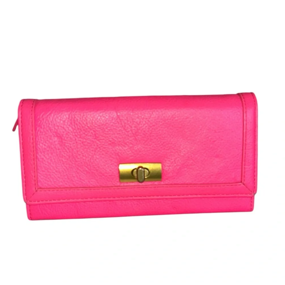 J.Crew Large Leather Gold Toggle Hot Pink Pebbled Leather  Wallet Clutch - Picture 7 of 7